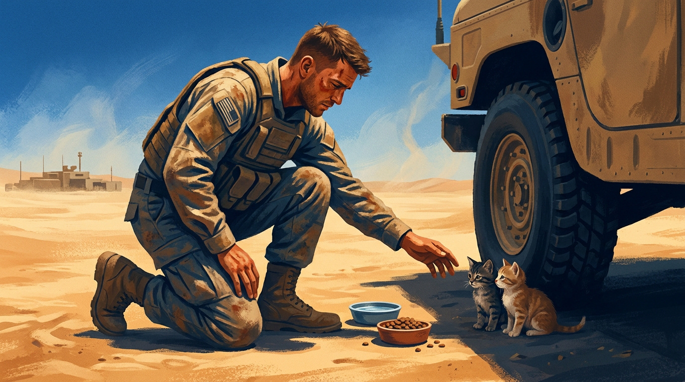 Soldat militaire secourant deux chatons dans un environnement désertique aride