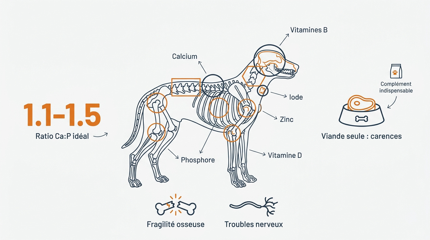 Schéma du squelette canin et impact de l'équilibre calcium-phosphore