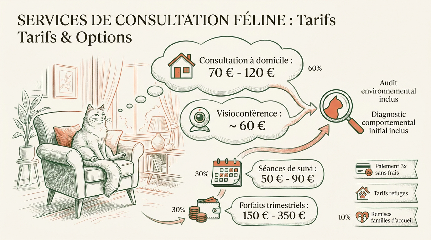 Tableau des tarifs 2026 pour une consultation comportementale féline à domicile ou en visio