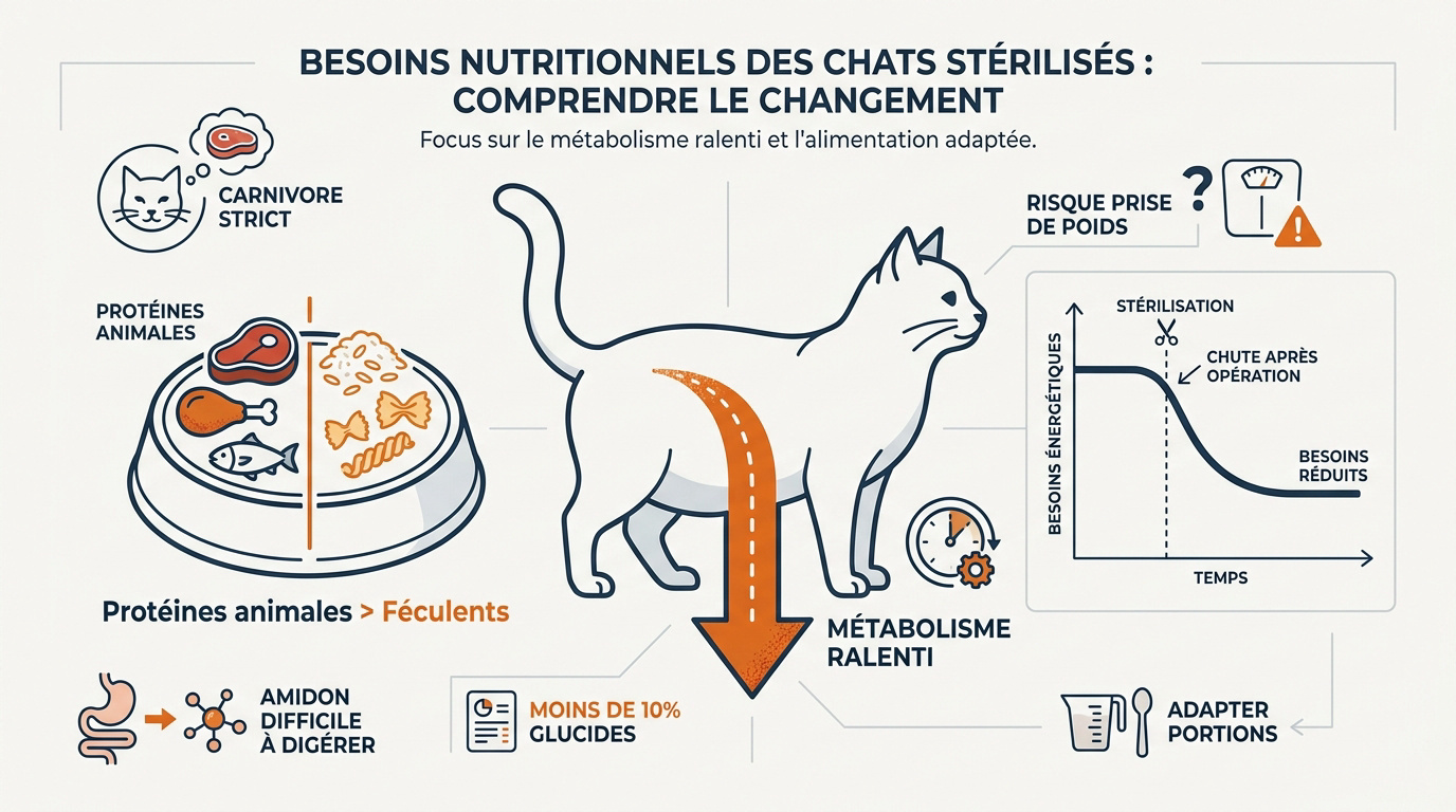 Chat stérilisé devant sa gamelle illustrant ses besoins nutritionnels spécifiques
