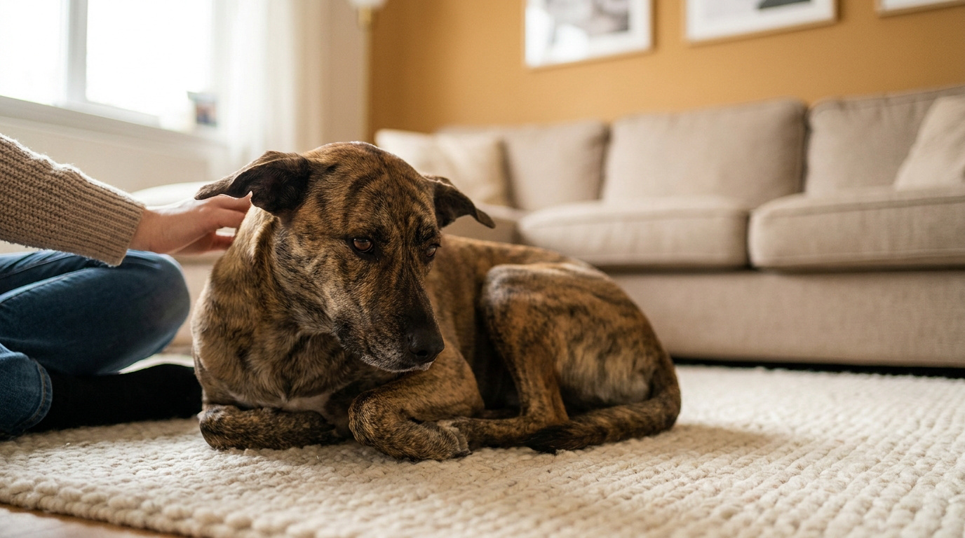 Un chien bringé anxieux couché sur un tapis blanc, caressé par une personne assise à côté de lui dans un salon.