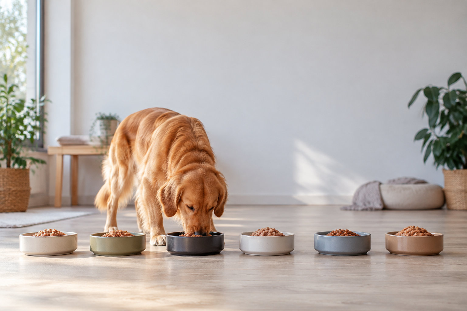 Un golden retriever mange dans un bol parmi plusieurs bols de nourriture pour chien disposés sur le sol.
