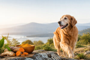 Un golden retriever heureux en extérieur à côté d'un bol de curcuma en poudre et de racines fraîches.