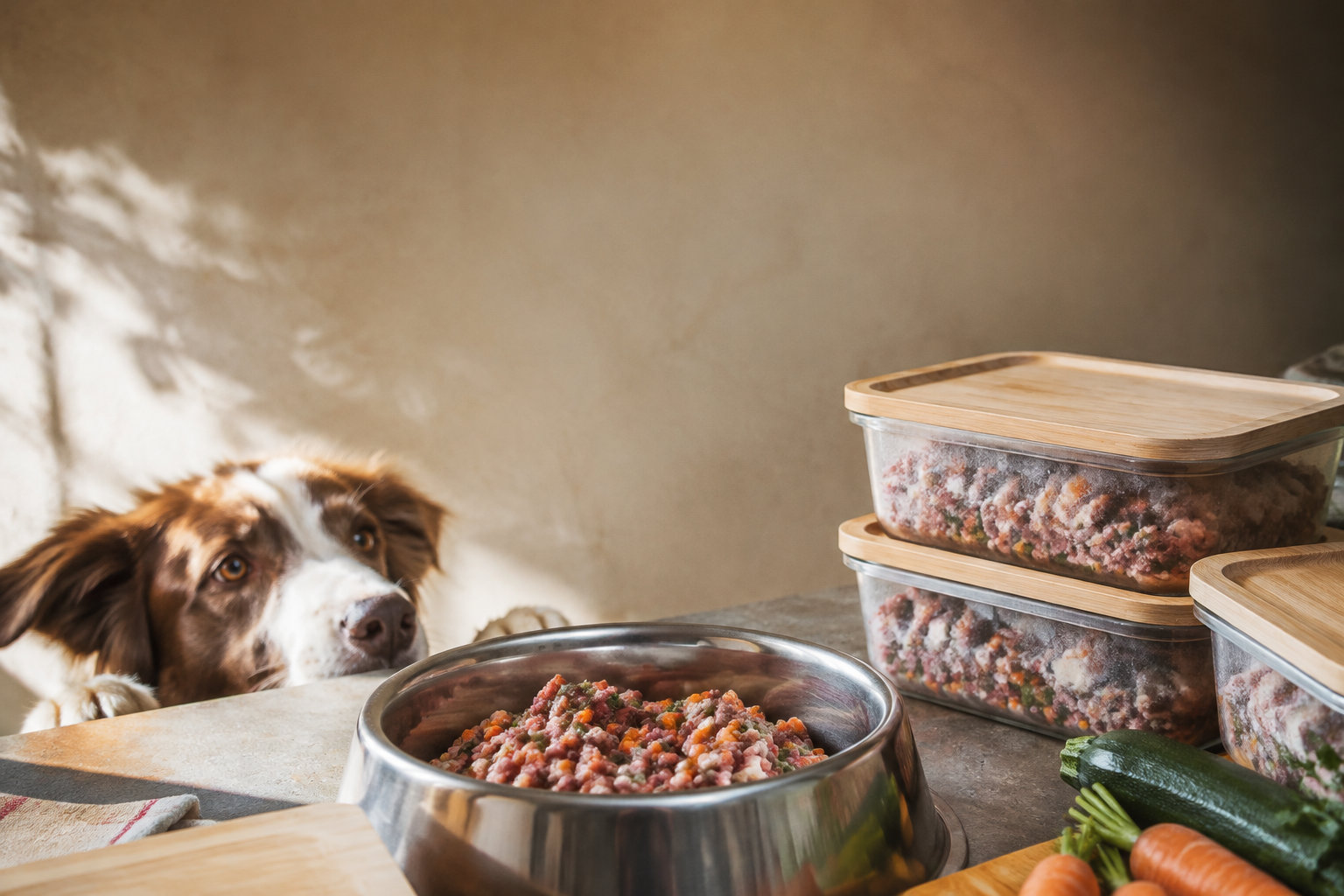 Un chien regarde avec gourmandise des boîtes en verre contenant sa ration ménagère préparée sur un comptoir.