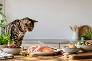 Un chat tigré regarde attentivement des ingrédients frais pour une ration ménagère disposés sur une table de cuisine.