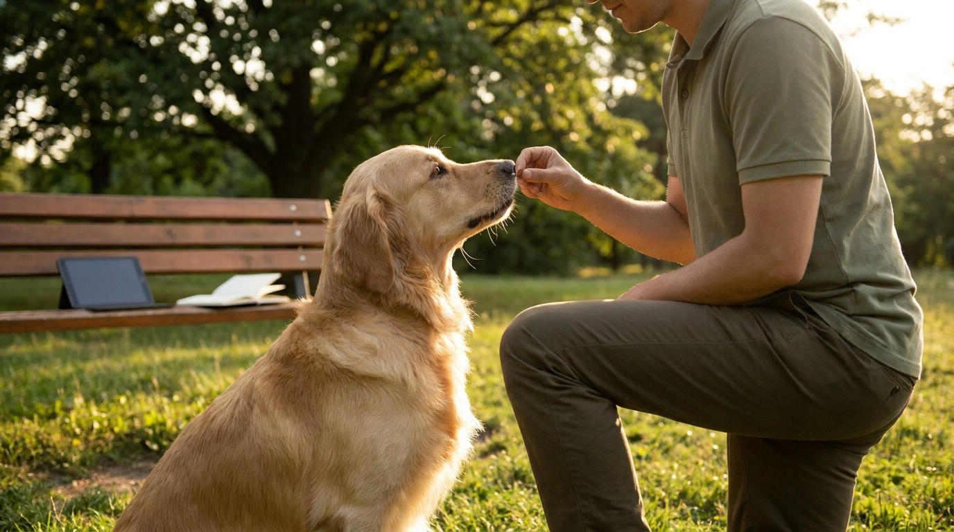 Un homme agenouillé dans un parc, récompensant son Golden Retriever avec une friandise sous la lumière du soleil.