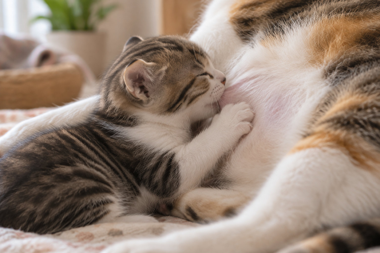 Un chaton tigré tète sa mère, allongée sur une couverture dans un intérieur chaleureux.