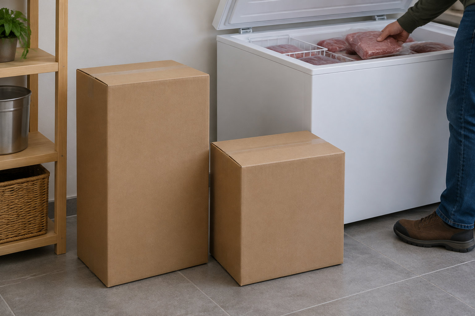 Deux cartons sont posés devant un congélateur ouvert, où une personne range des paquets de viande.