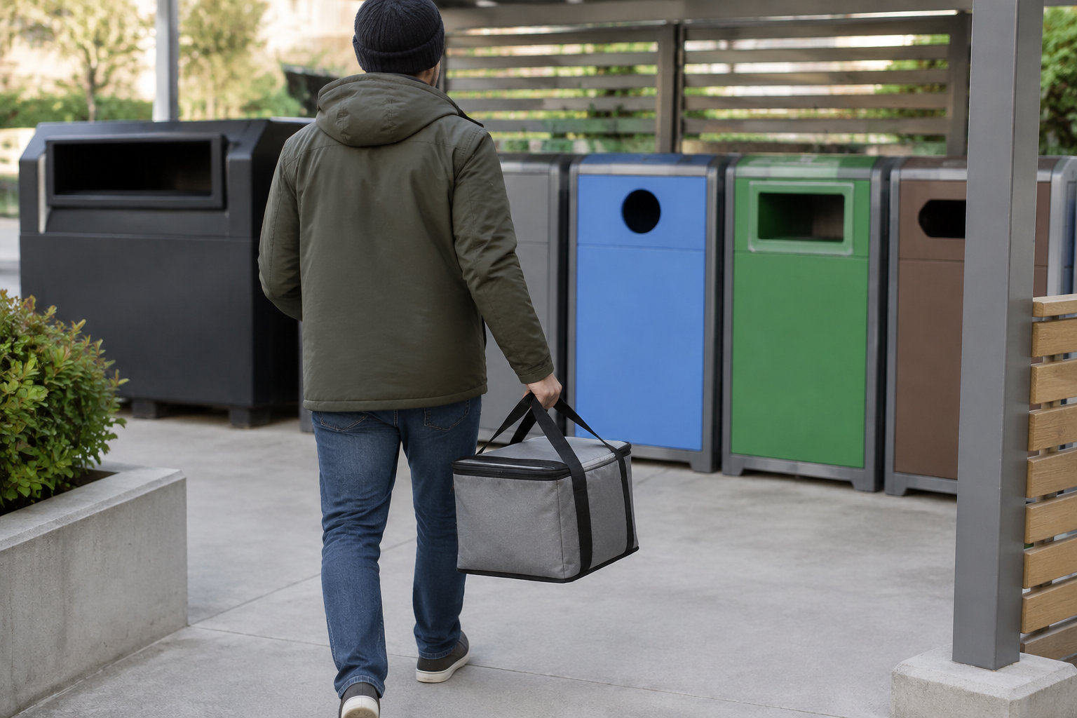 Une personne portant un bonnet et une veste marche vers plusieurs conteneurs de tri en transportant un sac isotherme gris.