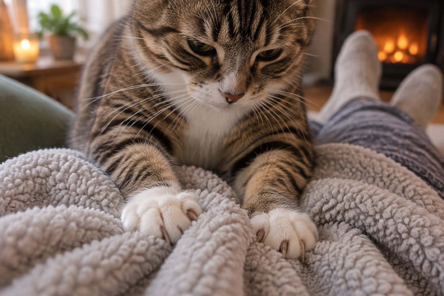 Un chat tigré aux pattes blanches pétrit une couverture moelleuse sur les jambes d’une personne, près d’une cheminée allumée.
