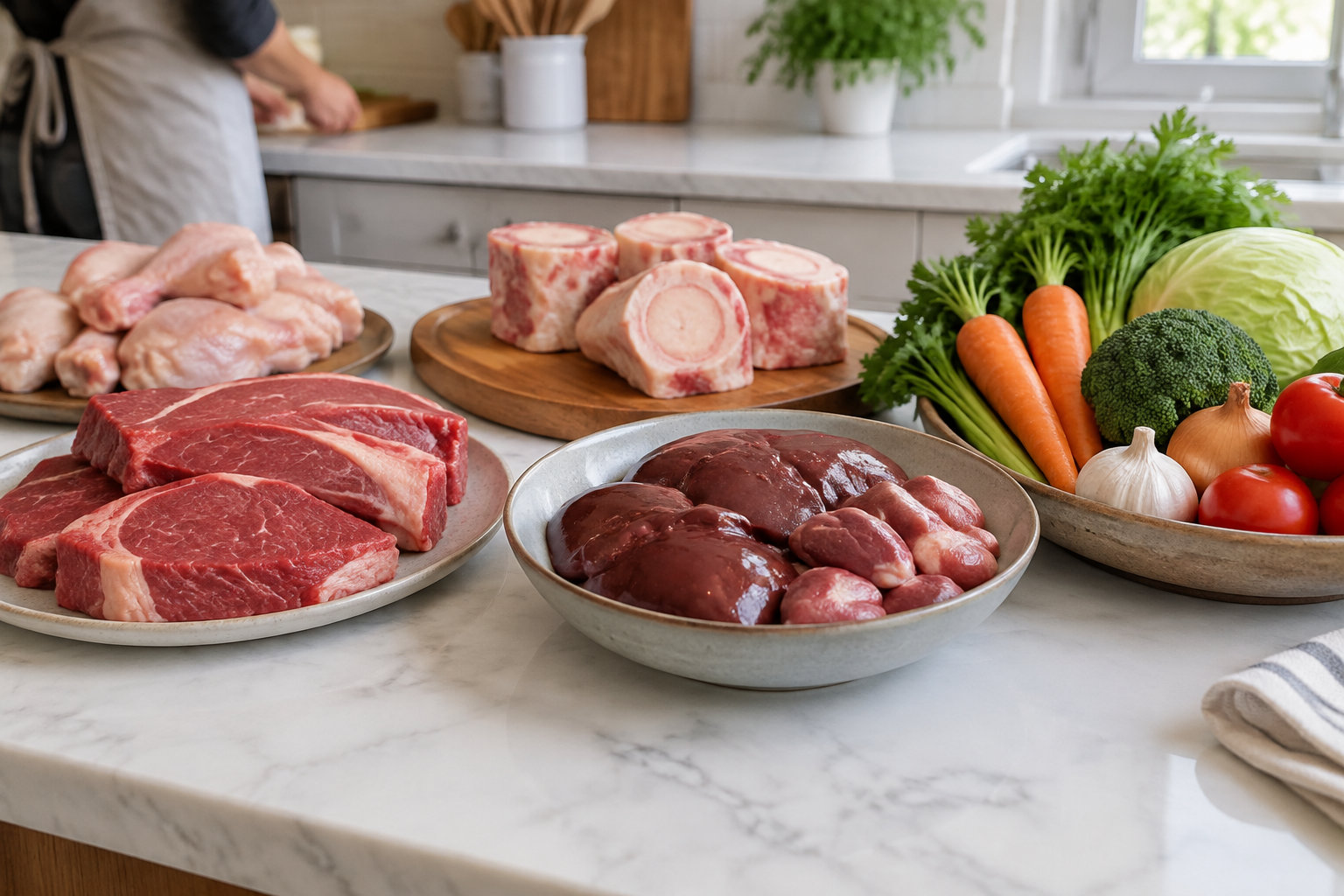 Des morceaux de viande crue et des abats sont disposés sur des assiettes, à côté de légumes frais sur un plan de travail de cuisine.