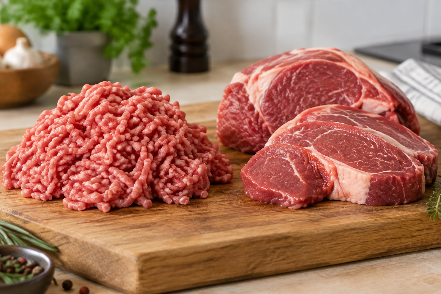 De la viande hachée et plusieurs steaks crus sont posés sur une planche à découper en bois dans une cuisine.