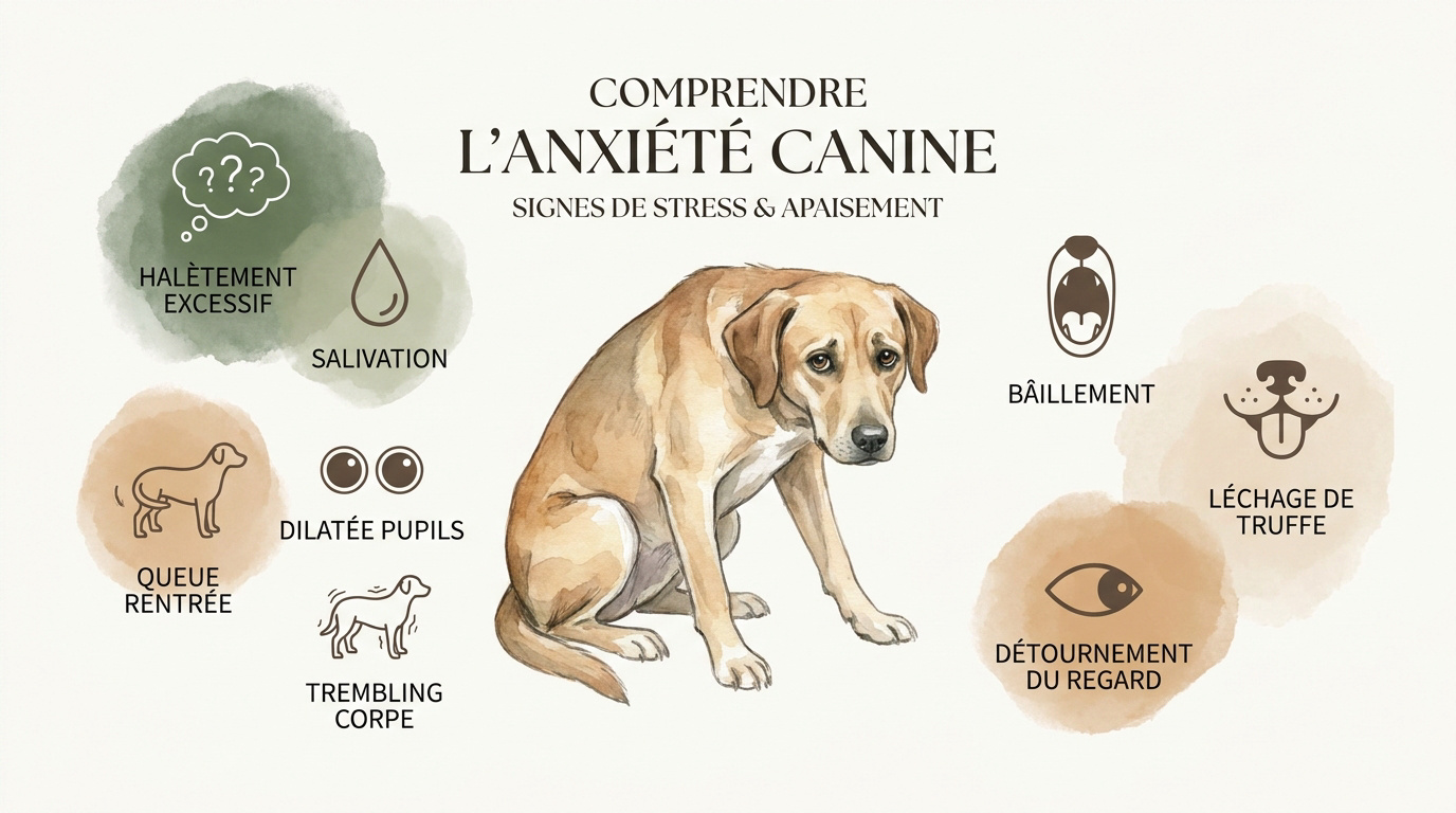 Infographie montrant les signes d'anxiété et les signaux d'apaisement chez le chien comme le léchage de truffe et le détournement du regard.