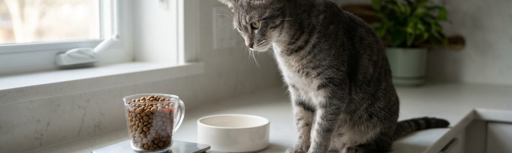 Chat gris attentif regardant un verre doseur rempli de croquettes sur une balance électronique dans une cuisine.