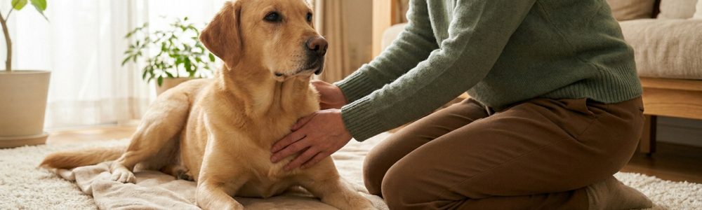 Une personne agenouillée sur un tapis examine doucement un chien de type labrador couché.