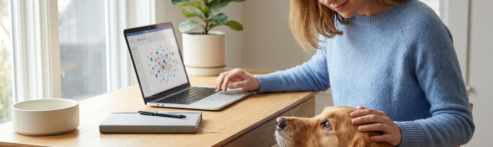 Une femme travaille sur un ordinateur portable à un bureau en bois tout en caressant son chien golden retriever.